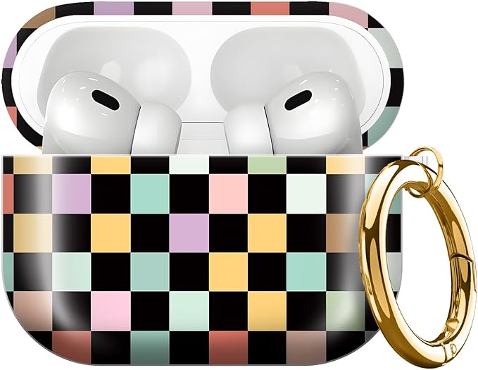 Compatible with AirPods Pro 3rd Generation 2025 Case Cover with Gold Keychain - Cute Protective Hard AirPod Pro 3 Cases for Women - Colorful Checkered