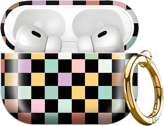 Compatible with AirPods Pro 3rd Generation 2025 Case Cover with Gold Keychain - Cute Protective Hard AirPod Pro 3 Cases for Women - Colorful Checkered