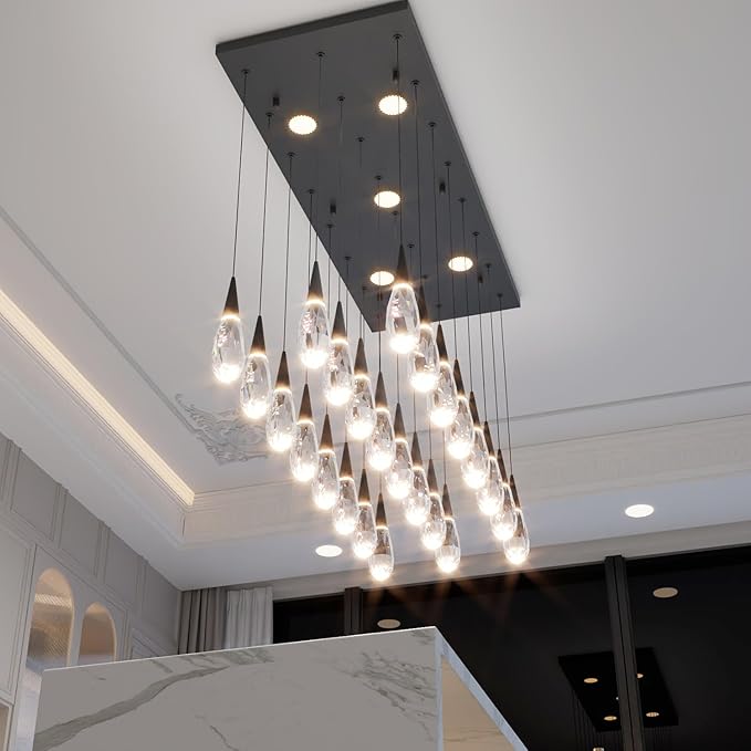 Rectangular Chandelier 24-Lights LED Dimmable Raindrop Chandeliers for High Ceiling Large Chandelier Light Fixture Black High Ceiling Pendant Lights for Villa Living Room Staircase