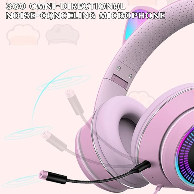 Cat Ear Gaming Headset with Mic RGB LED Light, Flashing Glowing Stereo Headphones, 7.1 Stereo Sound Surround Over-Ear Headset for PC, PS4, PS5, Nintendo Switch,Mobile(Pink)