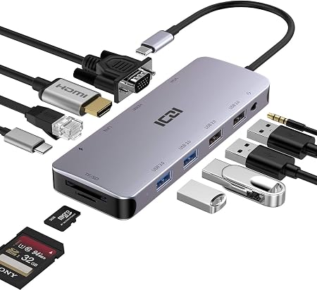 ICZI USB C Hub, 11 in 1 Docking Station Multiport Adapter with 1*HDMI/VGA/Ethernet, SD/TF Card Reader, 4*USB Port, 100W PD and 3.5mm Audio Jack Compatible with MacBook, Dell/HP/Lenovo Laptop, Surface - Image 3