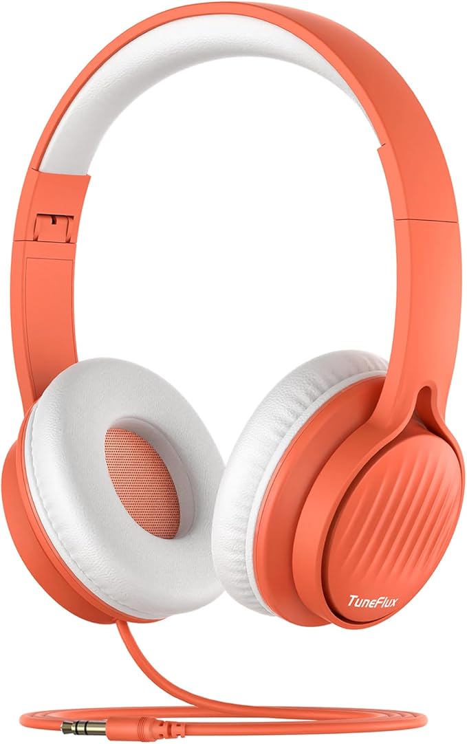 TuneFlux Upgraded Kids Headphones, Wired Toddler Headsets, 85dB Limited Volume On Ear Headphones, Portable Foldable Design, Stereo Sound Kids Headsets for School/Tablet/Travel-Orange