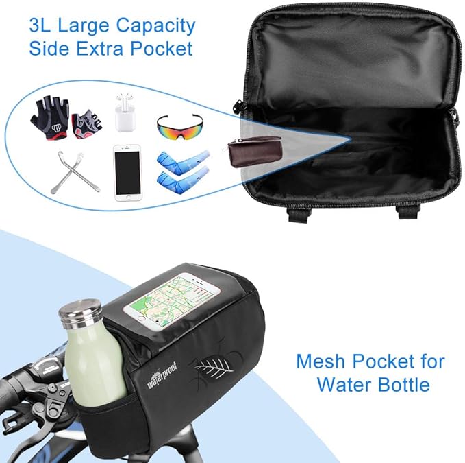 WOTOW Bike Waterproof Handlebar Bag, Bicycle Front Basket Pack with Touch Screen Phone Holder, Reflective Storage Pouch 3L for Men Women Kids Outdoor Road MTB Cycling