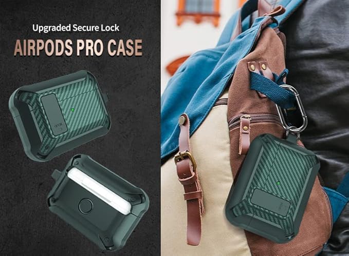 for Airpods Pro 2/1 Gen Case Cover with Lock Clip (2019/2022/2023), Rugged Locking Protective Case for Airpod Pro 2nd Generation Shockproof Armor Skin for Apple iPod Pro, Army Green