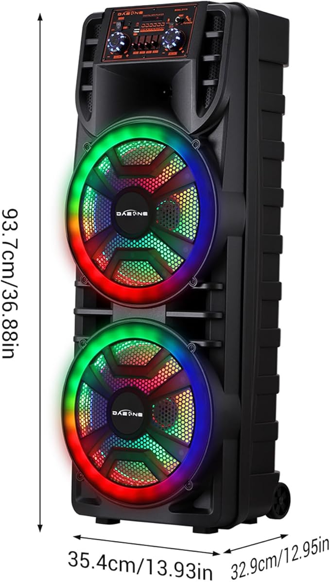 Wireless Bluetooth Party Speaker with Dual 12 Inches Woofers, Portable Karaoke Speaker System, Microphone & Remote, RGB LED Lights, Karaoke Machine with Bass, AUX/USB/TF/TWS/Echo, FM Radio