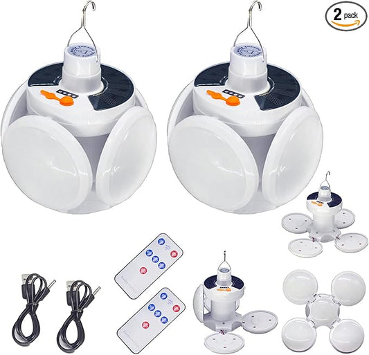 [4000mah] Folding Solar Camping Lights Rechargeable Lantern Waterproof Hanging Tent Hook Lamp Remote Control Blub LED USB Foldable Portable for Home Indoor Outdoor Emergency Power Outage 2 Pack