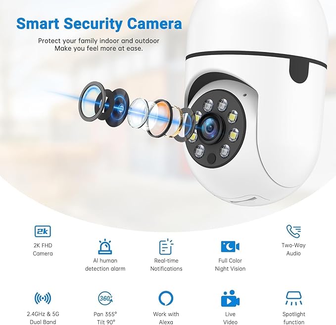 Light Bulb Security Camera, 5G& 2.4GHz WiFi 2K Security Cameras Wireless Outdoor Motion Detection and Alarm,Two-Way Talk,Color Night Vision,Human Detection, Camera Light Bulb Easy to Install