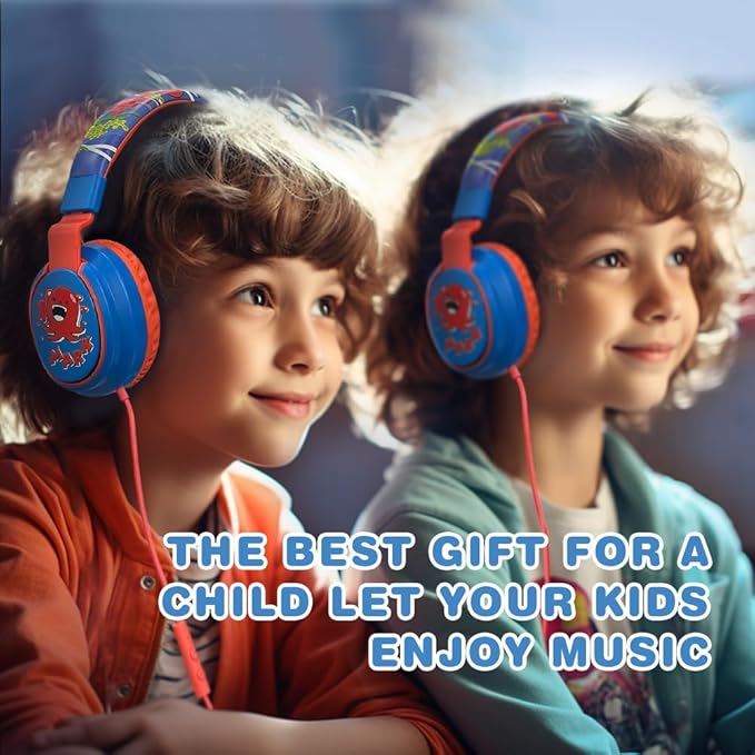 MIDOLA Kids Headphones Volume Limited 85/110dB for Over-Ear Foldable Sound Protection Headset with Mic Inline AUX 3.5mm Cord for Child School Travel Tablet Pad Notebook Cartoon Blue