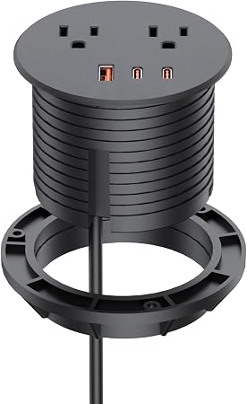 Desk Power Grommet, Haylink Recessed Power Strip with 2 AC Outlets, 2X 65W USB-C & 20W USB-A, 3" Cutout, 6.56FT Cord – Ideal for Desks, Counters & Workspaces,White - Image 3