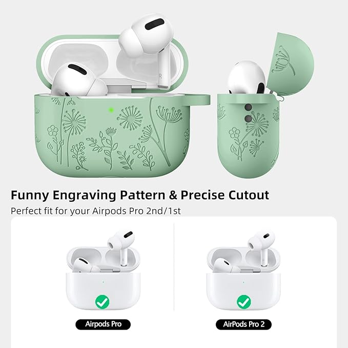 Lerobo Flower Engraved Cover for Airpod Pro 2 Case, Cute Silicone Skin Full Protective Cover Compatible with Apple Airpods Pro 2nd/1st Generation Case with Keychain