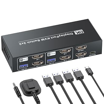 8K@60Hz 4K@120Hz Displayport KVM Switch 2 Monitors 2 Computers, USB 3.0 Dual Monitor DP KVM Switch for 2 PCs Share 2 Monitors and 4 Port USB 3.0
