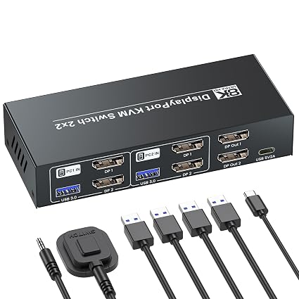 8K@60Hz 4K@120Hz Displayport KVM Switch 2 Monitors 2 Computers, USB 3.0 Dual Monitor DP KVM Switch for 2 PCs Share 2 Monitors and 4 Port USB 3.0