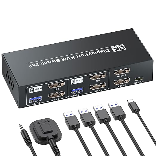 8K@60Hz 4K@120Hz Displayport KVM Switch 2 Monitors 2 Computers, USB 3.0 Dual Monitor DP KVM Switch for 2 PCs Share 2 Monitors and 4 Port USB 3.0