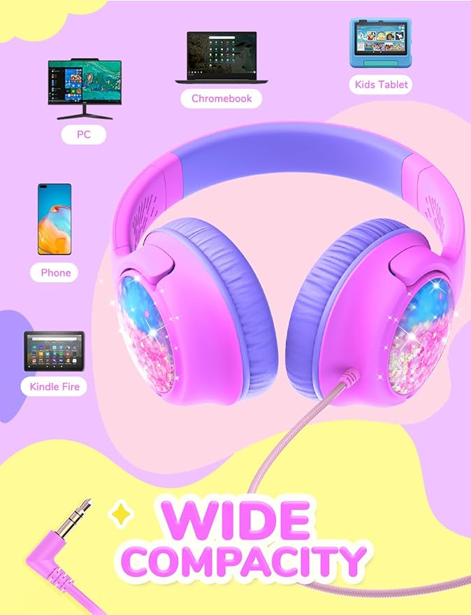 iClever Kids Headphones with Cord, 85dBA Safe Volume Wired Headphones for Kids, Stereo Sound Foldable Adjustable, 3.5mm Jack, Over Ear Child Headphone for School/Boys/Girls/iPad/Tablet/Travel