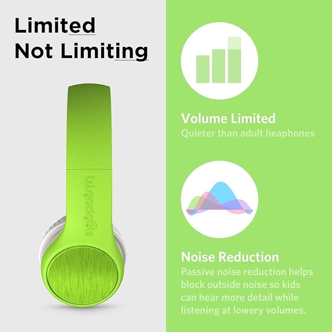 LilGadgets Connect+ Style On-Ear Kids Headphones with Microphone - SharePort Technology, SoftTouch Padding, Detachable Cable, Volume Limiting, Durable & Adjustable - Green