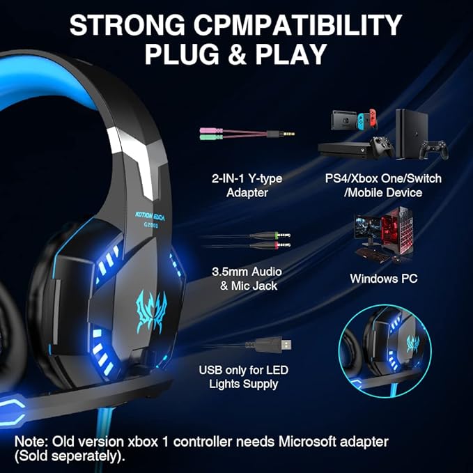 VersionTECH. G2000 Gaming Headset, Bass Surround Gaming Headphones with Noise Cancelling Mic, LED Lights, Soft Memory Earmuffs for PS5/ PS4/ Xbox One Controller/Laptop/PC/Mac/Nintendo NES Games-Blue