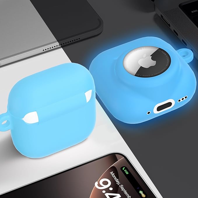 2 in 1 Silicone Case Compatible with AirPod 4 and AirTag 2/1, Shockproof Protective Skin Cover for AirPods 4th Generation with Cleaner Kit & Carabiner (Glow Blue)