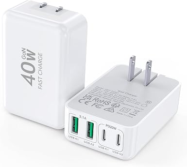 [2-Pack] Flat 40W Multiport USB-C Wall Charger, Foldable Charging Block