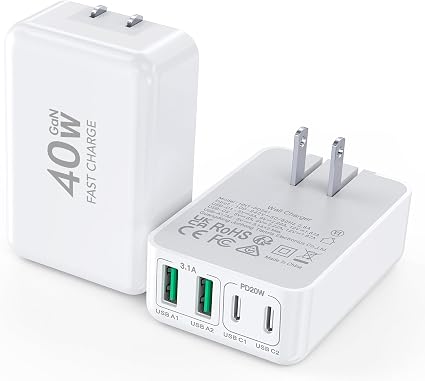 [2-Pack] Flat 40W Multiport USB-C Wall Charger, Foldable Charging Block
