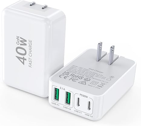 [2-Pack] Flat 40W Multiport USB-C Wall Charger, Foldable Charging Block