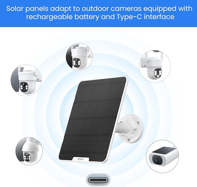 6W Solar Panel for Security Camera Outdoor, 5V Type-C Solar Panel, Compatible with Rechargeable Battery and Type-C Camera, 360° Adjustable Bracket, IP66 Waterproof, 16.4ft(5M) Cable