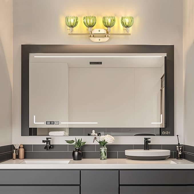 Bathroom Light Fixtures, 4-Light Brass Vanity Wall Light Over Mirror with Green Tulip Glass Shade for Bedroom Living Room (Bulb Not Included)