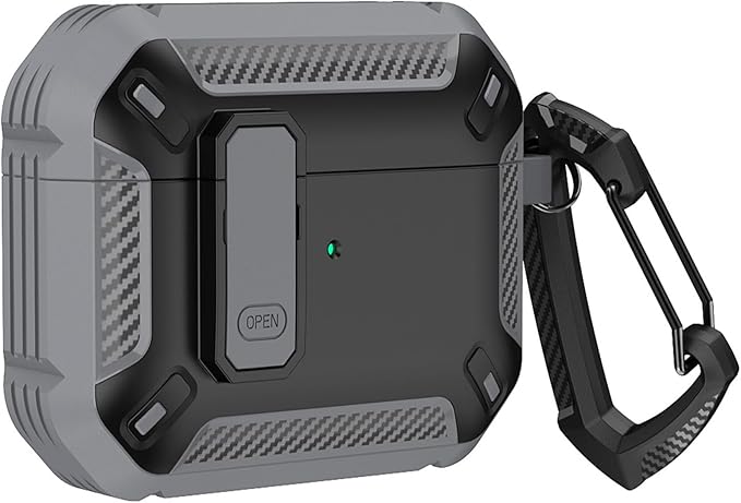 for AirPods 4 Case 2024 with Secure Lock Clip - Military-Grade Drop Protection AirPods 4th Generation Case, Carbon Fiber Shockproof Cover, Automatic Pop-up & Carabiner Hook, Black Gray