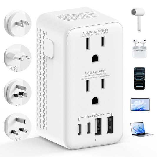 Powfloven 220V to 110V Voltage Converter US to Europe, 1200W Cordless Power Converter Adapter Combo with 2 USB-A 2 USB-C Port & UK/AU/US/IT European Travel Outlet Plug Adapters