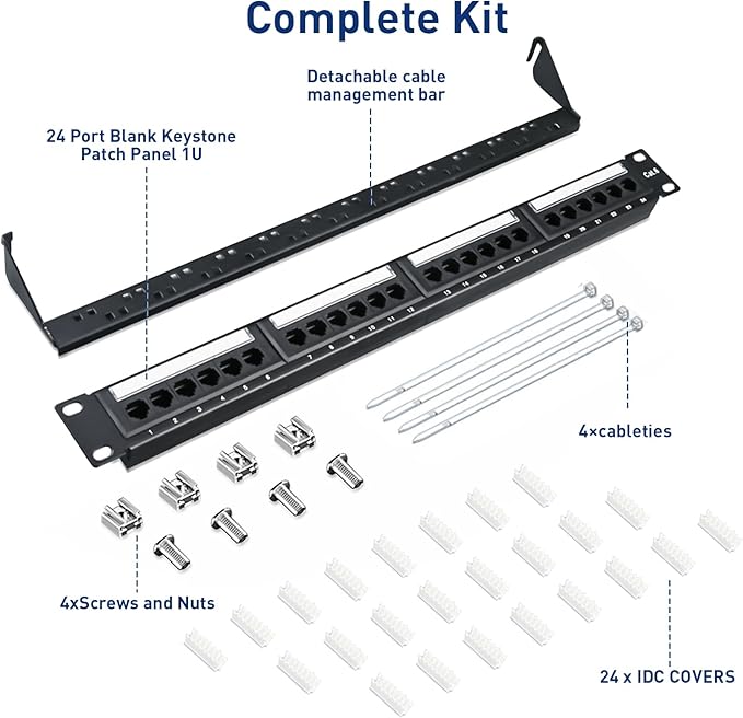 Cat6 Patch Panel 24-Port, UTP 1U 19-Inch Rack Mount Network Panel, All-in-One Design with Built-in Cable Management, Gigabit Ready Ethernet Punch Down Panel (110 Type Tool Compatible)