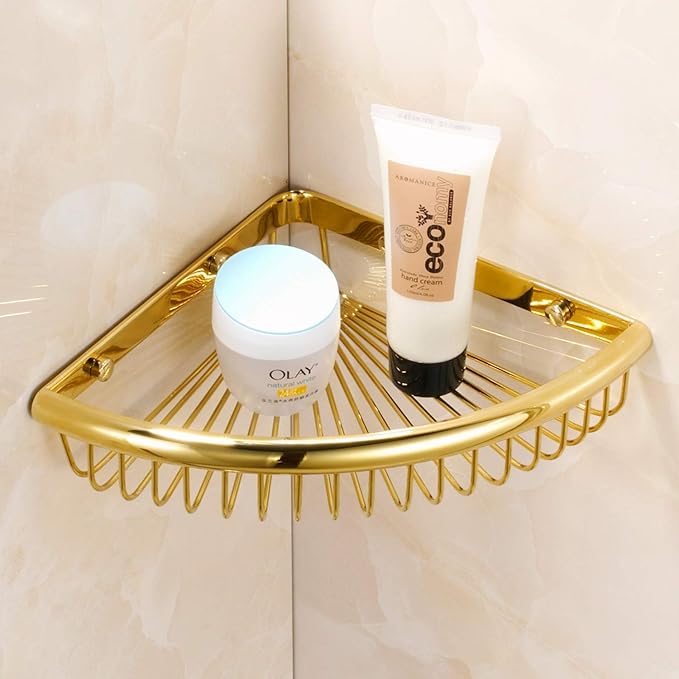 Shower Caddies Corner Shelf for Bathroom Brass Basket Organizers and Storage Shampoo Soap Holder Polished Gold