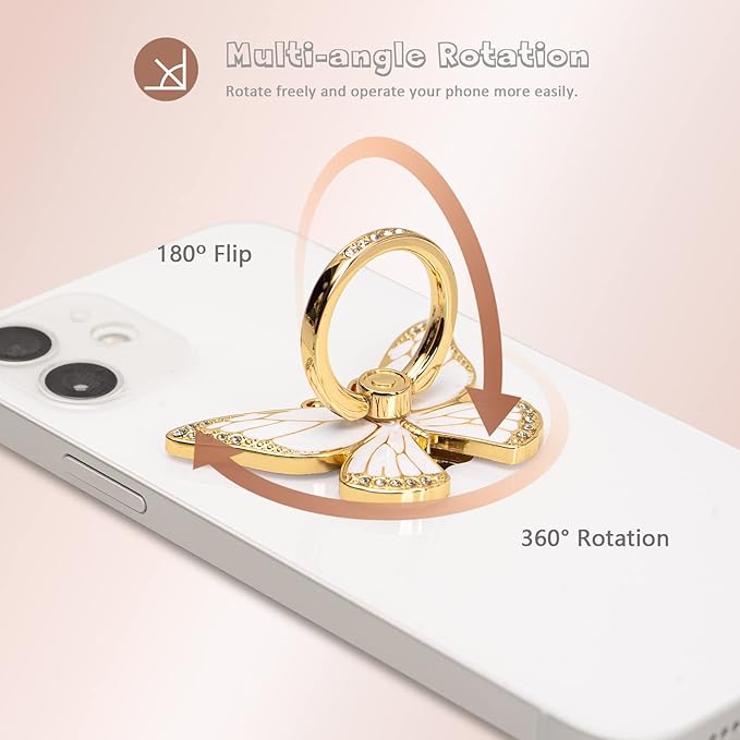 Butterfly Cell Phone Ring Grip Holder, 360 Degrees Rotation Phone Ring Grip Stand, Metal Finger Kickstand Compatible with iPhone, Samsung Galaxy, LG Google Pixel, Android Phone