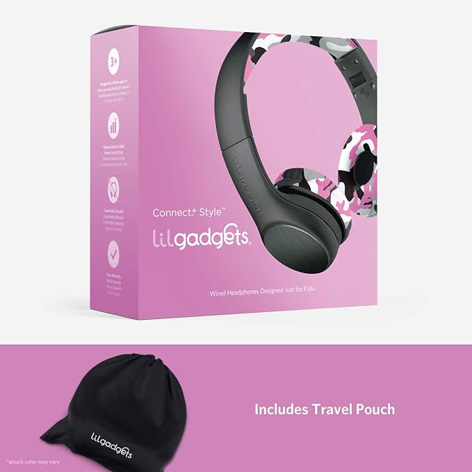 LilGadgets On-Ear Wired Headphones for Kids for School - Pink, Foldable On-Ear Design, 4 ft Braided Nylon Cable - Volume-Limiting & Noise Reduction, SharePort Technology & Kids Wired School Headphones