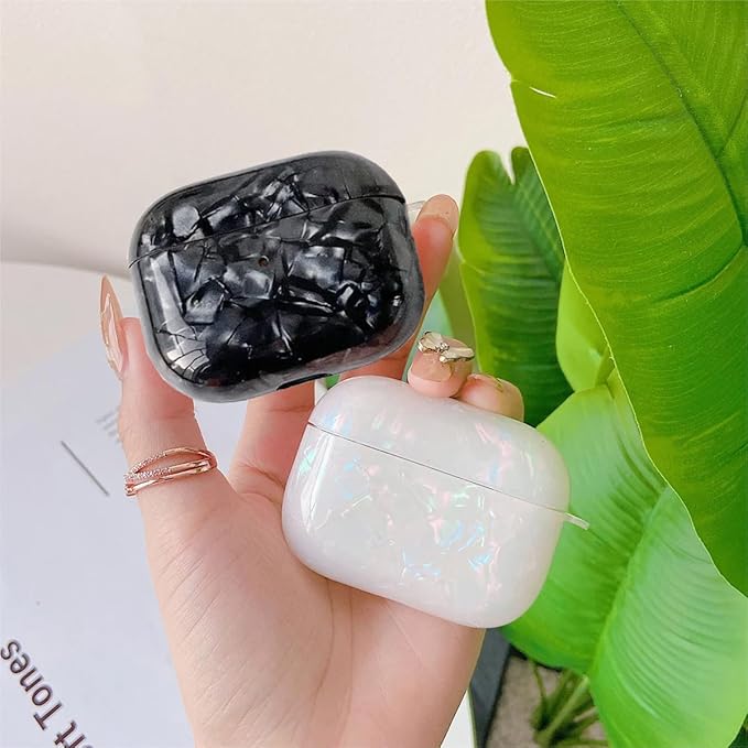 for Cute Glitter Airpods Pro/Pro 2 Gen Case with Cleaner Pen, Shell Pattern iPod Pro 2nd/1st Generation Cover Protective Skin Girl Women with Luxury Pearl Keychain 2023/2022/2019 - Black