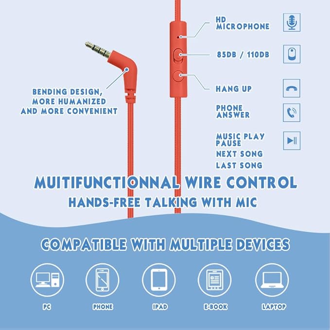 Headphone Kids Volume Limited 85/94dB Wired Over-Ear/On-Earr Foldable Headset with Inline Cable Aux 3.5mm Cord Mic for Toddler Boy Girl Child Back to School Study Pad Tablet Blue