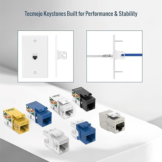 Tecmojo UL Listed 1000 Mbps Cat6 Keystone Jack Insert 25 -Pack, 180 Degree Punch Down RJ45 Keystone Jack Adapter Slim Profile for Patch Panel & Wall Plate, White