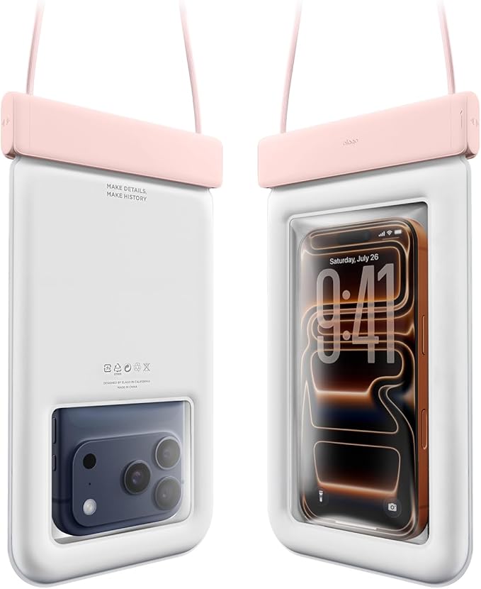 elago Waterproof Phone Pouch for iPhone 16/15/14/13/12/11 Series, Galaxy S25/S24/S23/S22/S21 Series - Underwater Screen Touchable Dry Bag, Dual Zipper Lock, with Card Pocket (Lovely Pink) [2 Pack]