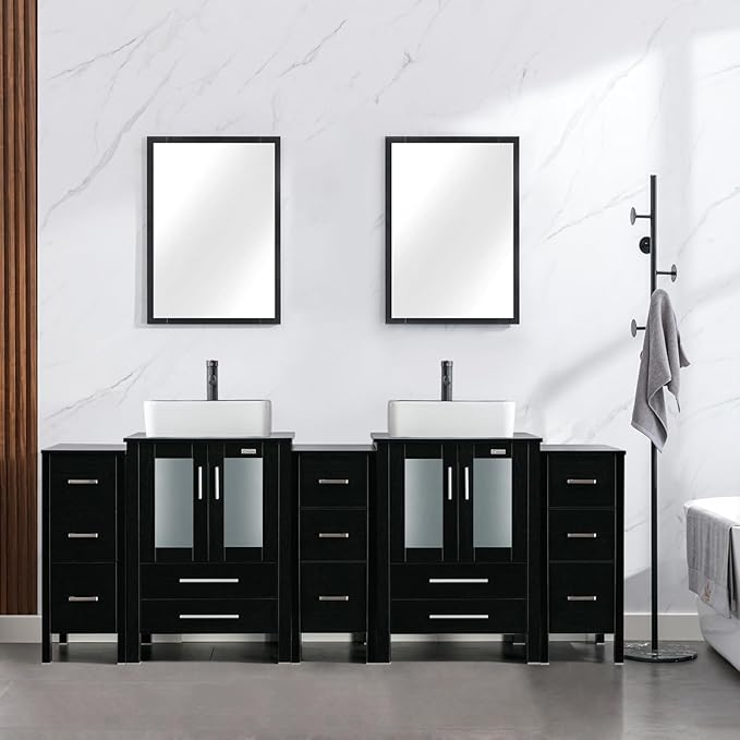 eclife 84" Modern Bathroom Vanity Sink Combo Freestanding Cabinet with Small Side Cabinet, White Black Ceramic Vessel Sink, Water Save Faucet, Drain (Black+T03BK)