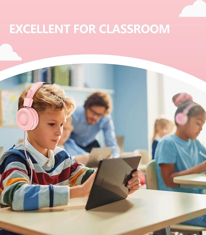 Upgrade USB Type C Kids Headphone for School, 94dB Safe Volume Limited, HD Stereo Sound, Foldable Lightweight On-Ear Headphones for Boys/Girls/Students/Tablet/Travel(Light Pink)