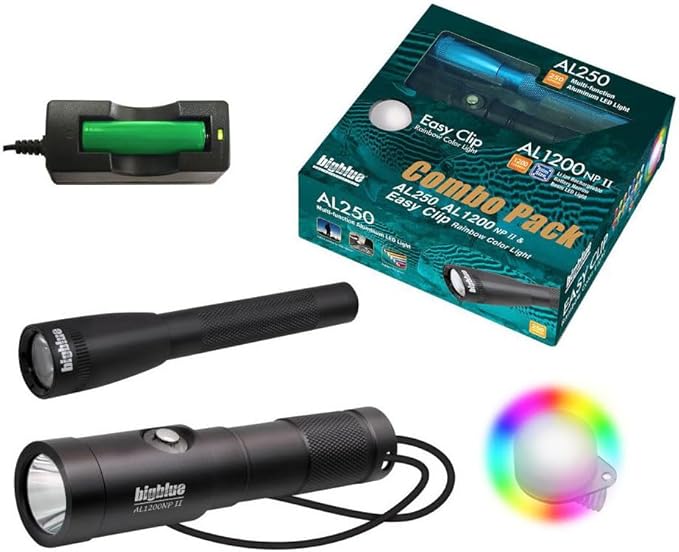 Bigblue AL1300NP and AL250 Dive Light Combo Pack with 8-Color Easy Clip - Black