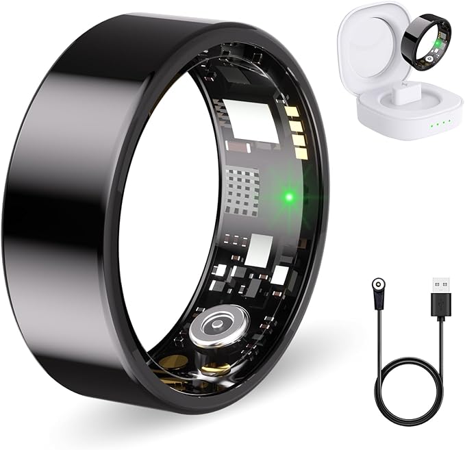 Smart Ring for Women Men Fitness Ring with Heart Rate, Blood Oxygen, Blood Pressure, Sleep Tracker, Step Tracker, IP68 Waterproof Health Ring for iOS & Android,No Subscription Fee (Black, 6#)