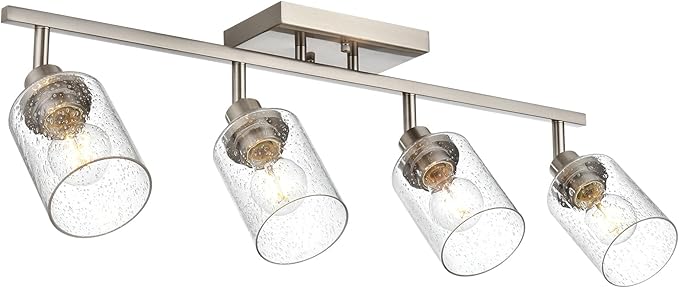 4-Light Brushed Nickel Kitchen Track Lighting Fixtures Ceiling Mount Track Lighting Kit with Bubble Seeded Glass Shade Modern Bathroom Tracking Vanity Lights Ceiling Tracking Accent Shop Light