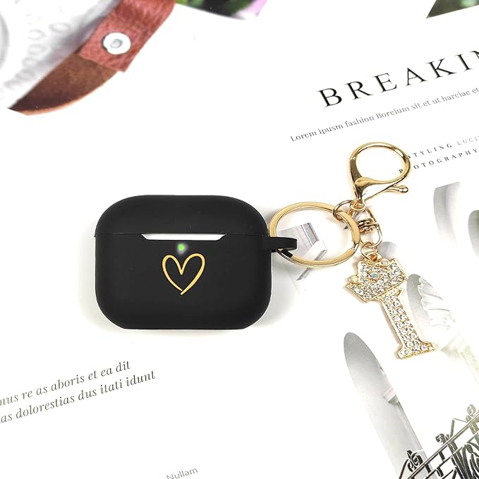 Compatible with AirPods Pro 3 Case Cover (2025), Soft Silicone Case with Gold Heart Pattern for AirPods Pro 3rd Generation Case with Rhinestone Studded Letter A-Z Keychain (I Black)