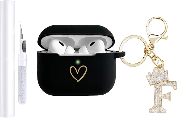 Compatible with AirPods Pro 3 Case Cover (2025), Soft Silicone Case with Gold Heart Pattern for AirPods Pro 3rd Generation Case with Rhinestone Studded Letter A-Z Keychain (F Black)