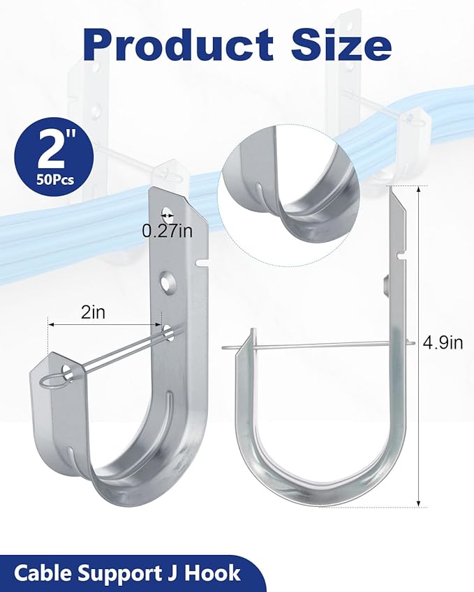50 Pcs 2" Galvanized Steel J-Hooks, Heavy Duty Wall Mount Cable Support J Hook with Retainer Clip for Cable Management