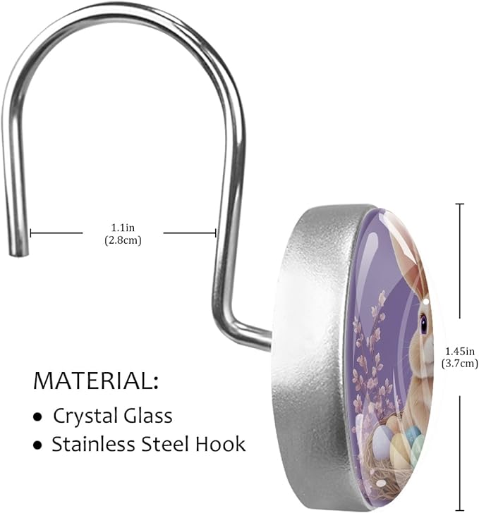 Elegant Purple and Easter Bunny Crystal Glass Shower Curtain Hooks for Bathroom Shower Rod, 12Pcs Round Home Decorative Shower Curtain Rings, Bathroom Bedroom Living Room Accessories