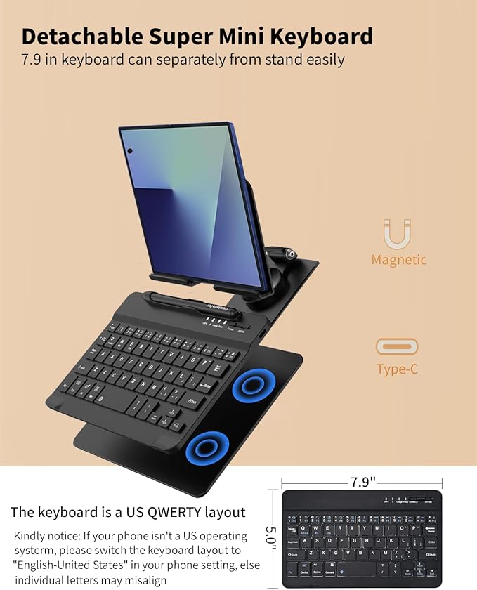 for Samsung Galaxy Z Fold 7 6 5 Trifold Stand and Keyboard, Aluminum Foldable Phone Stand Holder for Desk, 7.9 inch Mini Bluetooth Keyboard, 4 in 1 Portable Set Include Mouse and Pen