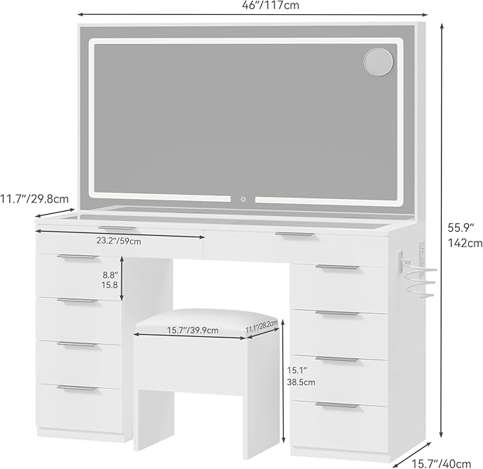 YITAHOME Vanity Desk with LED Mirror & Power Outlets, 10 Drawers Makeup Vanity Table with Storage Stool, Sturdy Wooden Vanity Table with 3 Color Modes