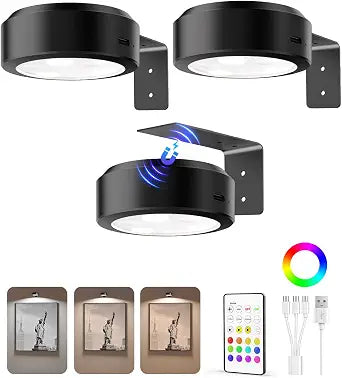EZVALO Picture Lights for Wall, 2000mAh Rechargeable Battery Magnetic Poster Lights with 3 Color Temps & 12 RGB, Remote Dimmable Timer Painting Light, Wall Decor Light for Art Display, Frame (3 Pack)