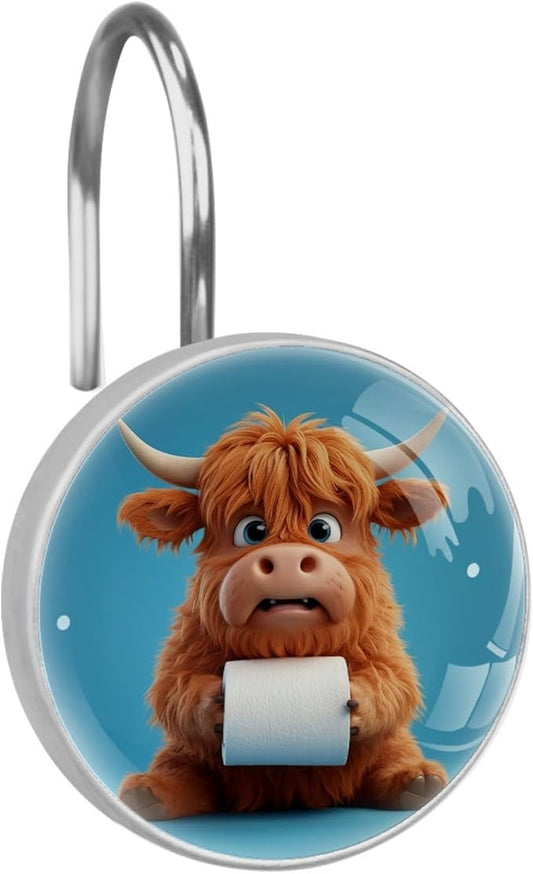 Funny Highland Calf Shower Curtain Hooks Rings, Stainless Steel Rust Proof Shower Curtain Hooks, Decorative Shower Hooks for Bathroom Shower Rods Curtains, Set of 12