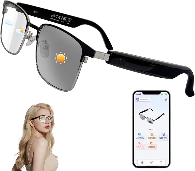 AI Smart Glasses with ChatGPT, Bluetooth Glasses for Women & Men, Photochromic Lenses, Real-Time Translation in 160+ Languages via APP, AI Glasses with Speakers for Indoor Outdoor (Silver)